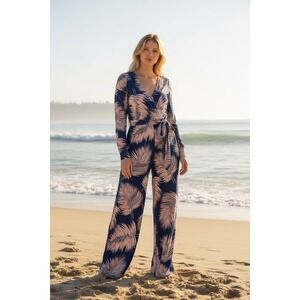 GOODTIME USA Womens Jumpsuit Wide Leg Navy Blue Pink Palm Leaf Print Wrap Small